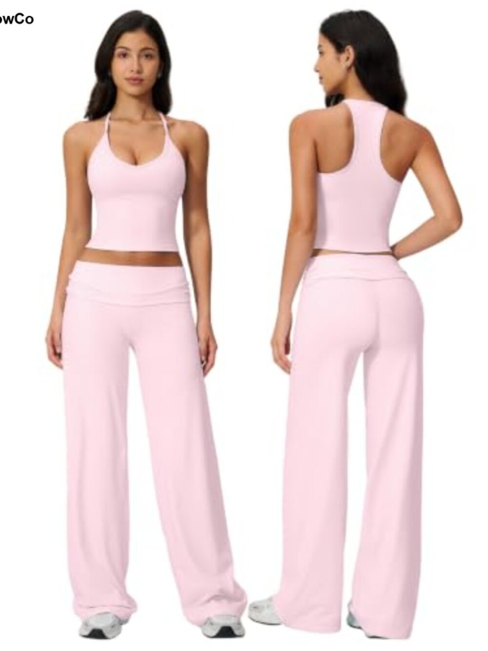 2 Piece Workout Set - Wide Leg Foldover Leggings & Built-in Bra Tank